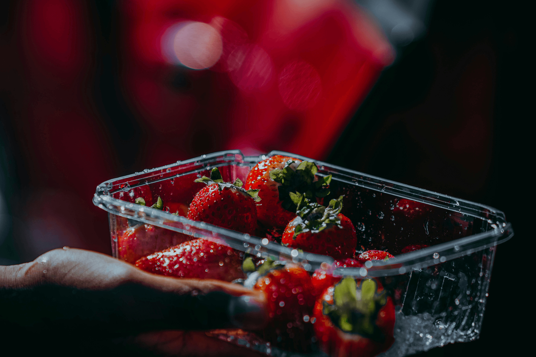 Colorful plastic packaging trays showcasing fresh produce.