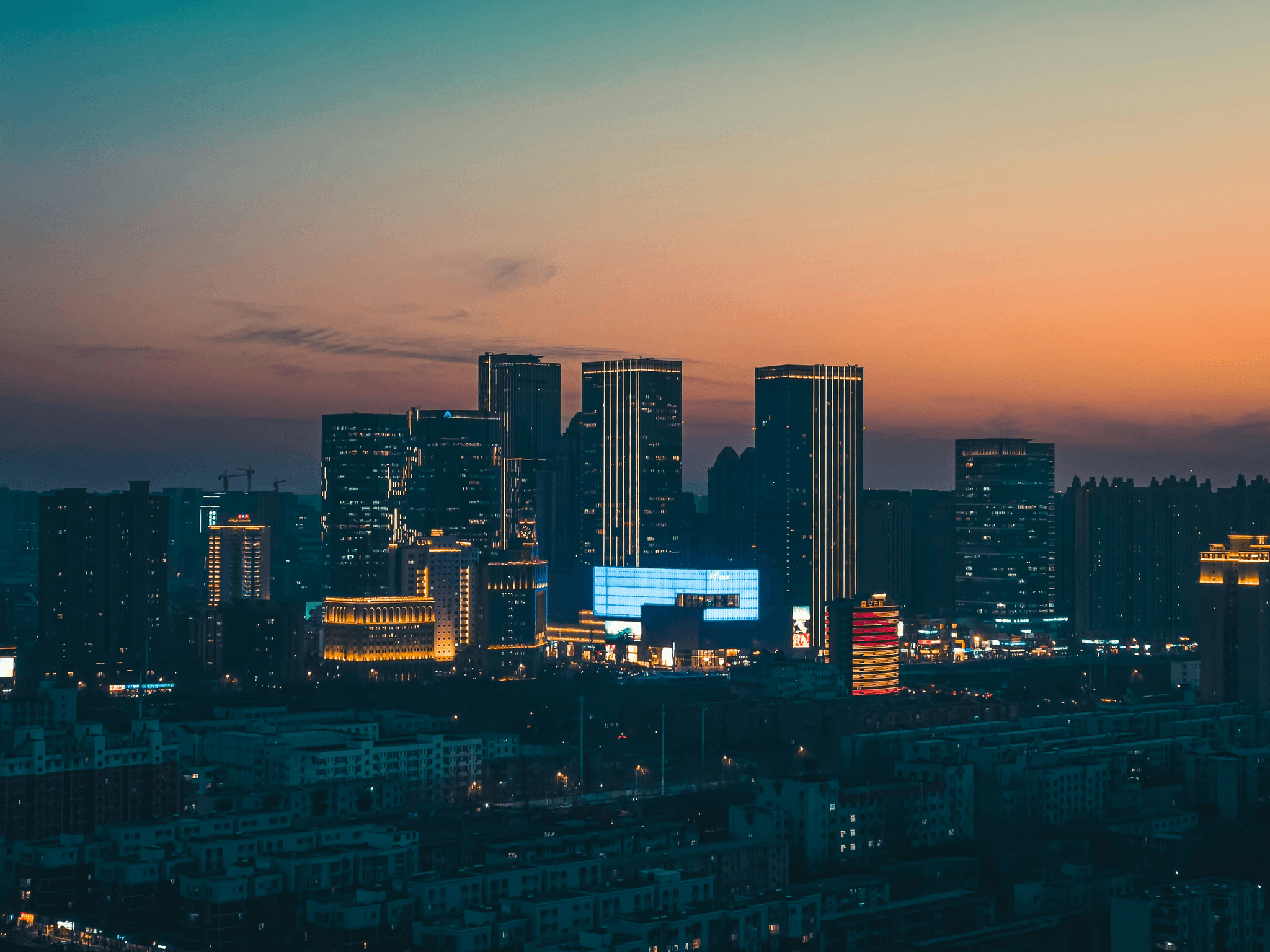 Chengdu skyline at sunset with modern buildings