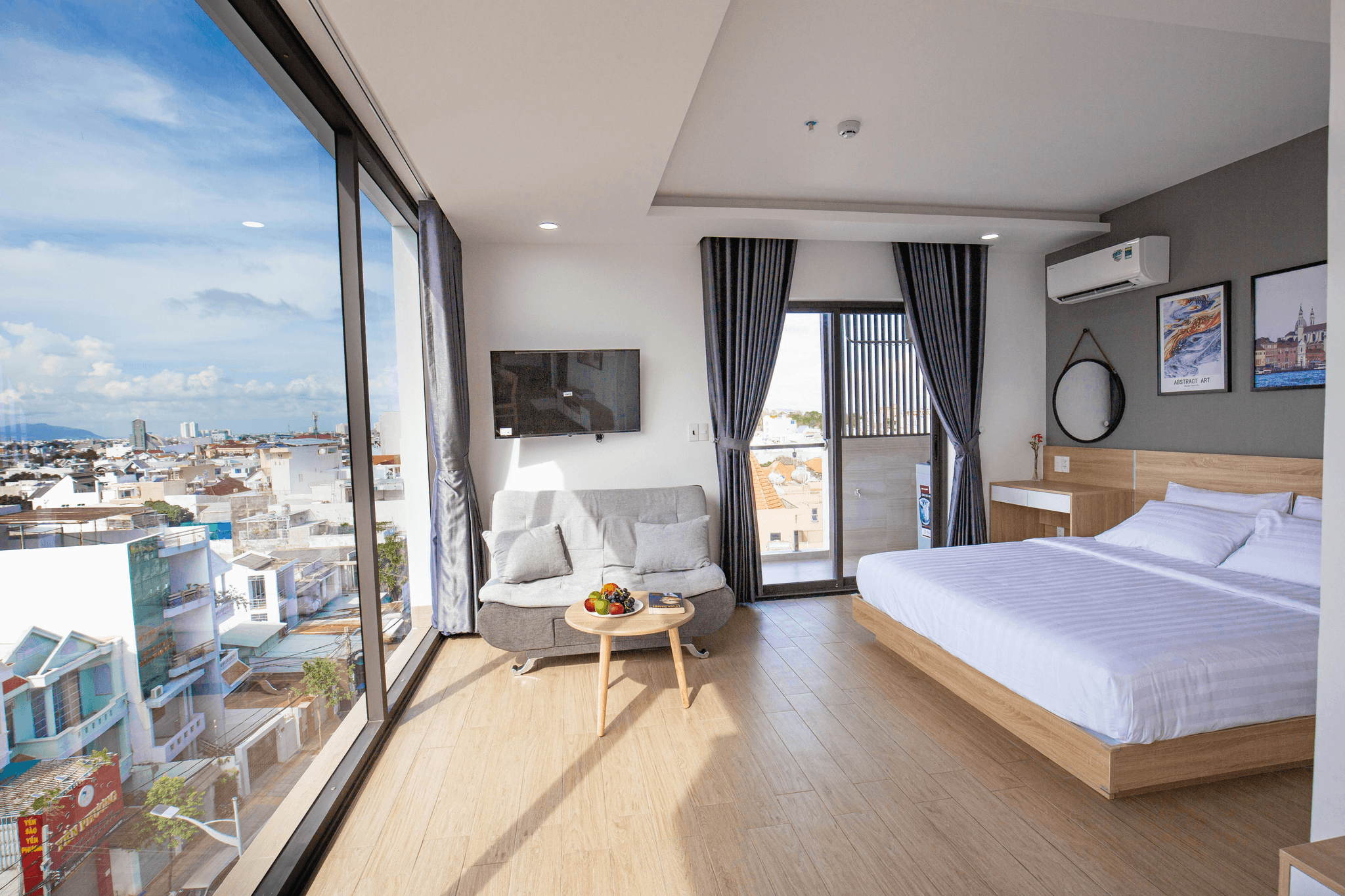 Luxurious interior of a container motel room with scenic views