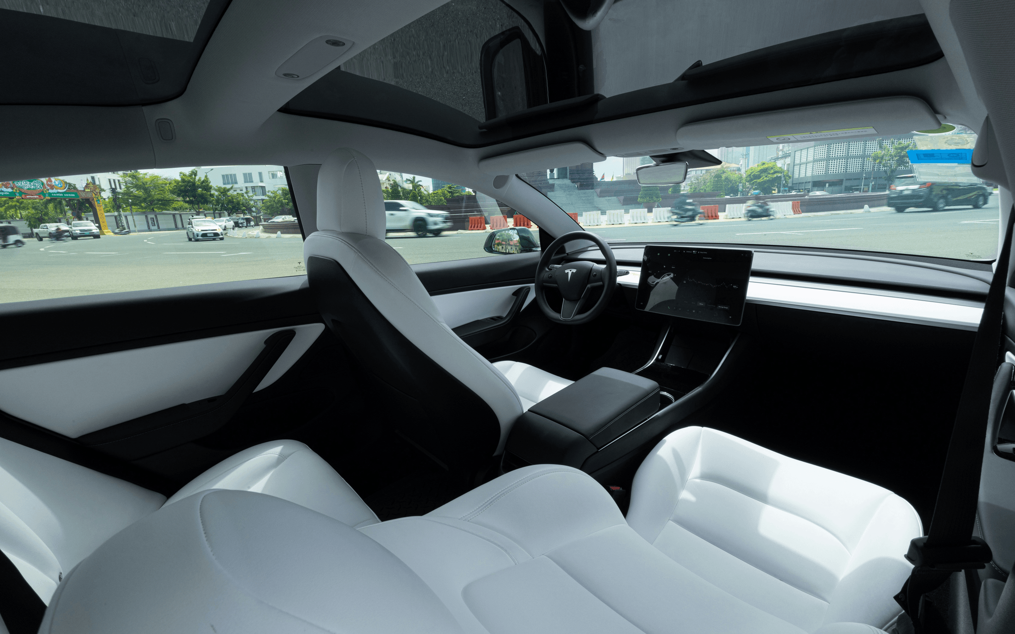 Stylish interior of tesla mobile home featuring smart furniture solutions