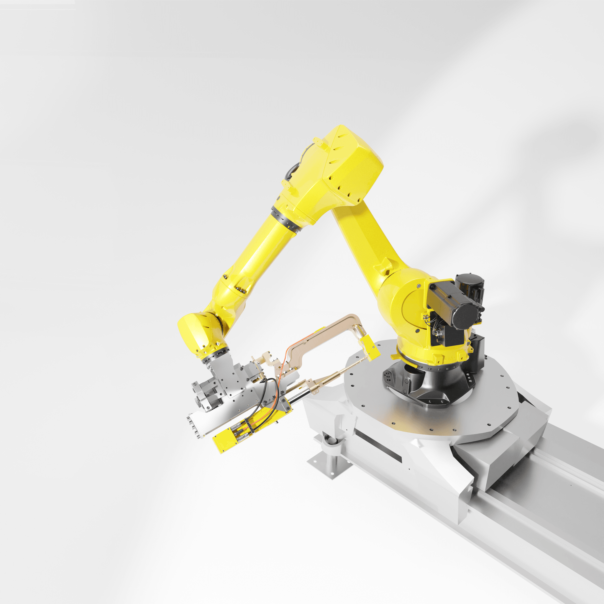 Robotic arm working on an injection molding machine at a plastic manufacturing facility