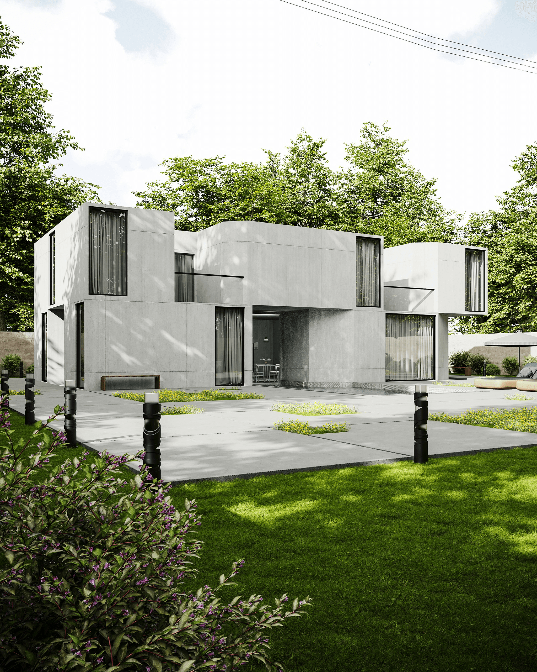 Modern preFabricated home surrounded by greenery