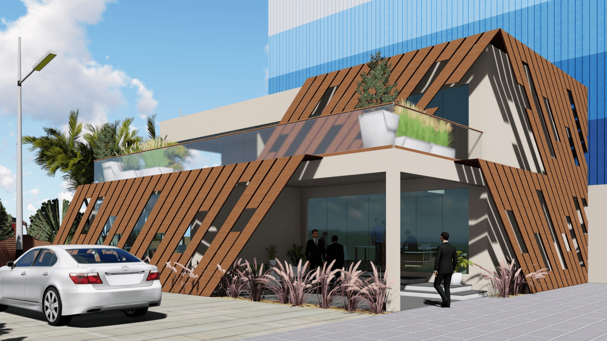 Modern two story modular office showcasing innovative design.