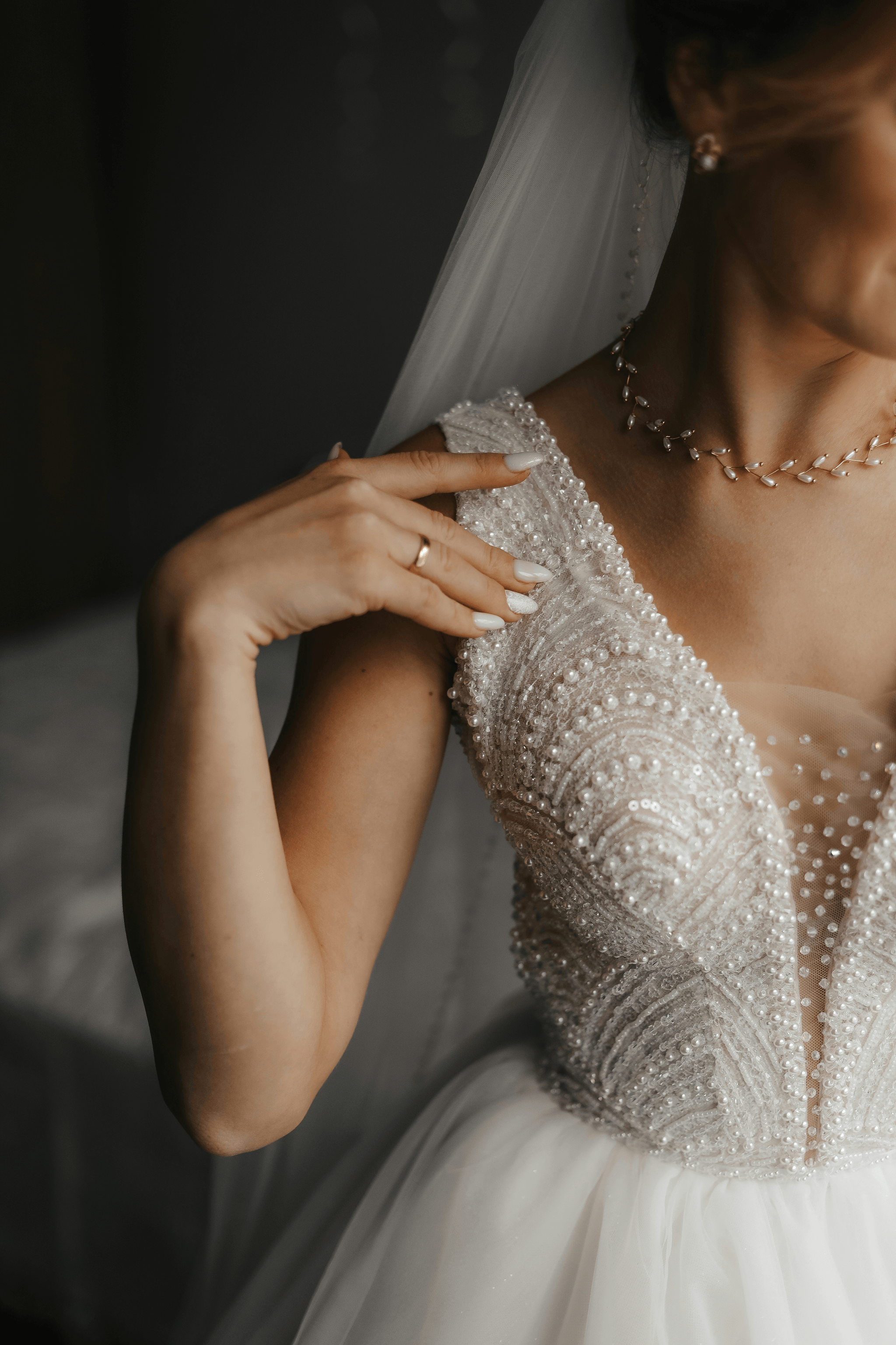 stunning bride in choker necklace for off shoulder dress