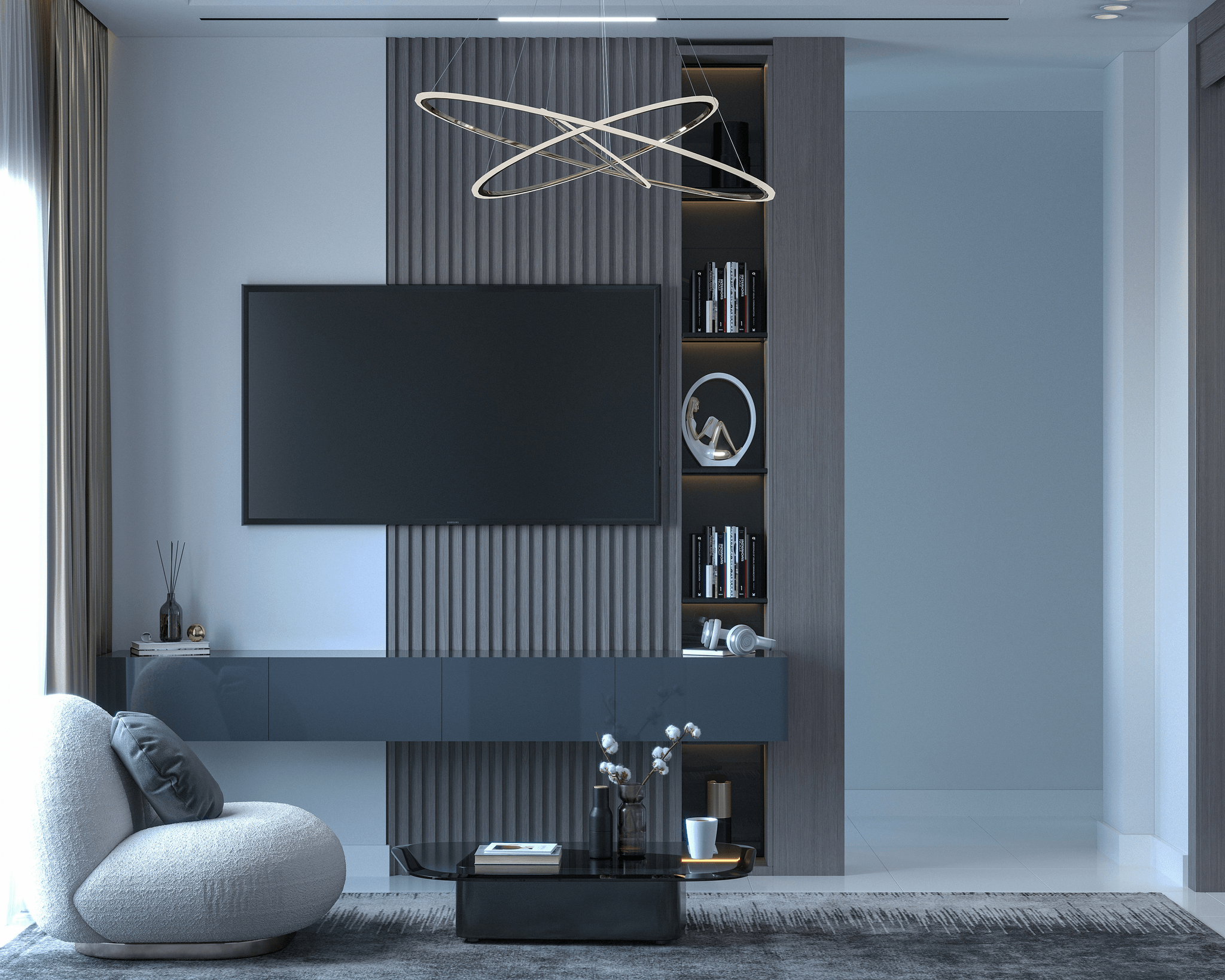 Stylish fluted panel tv wall in modern living room