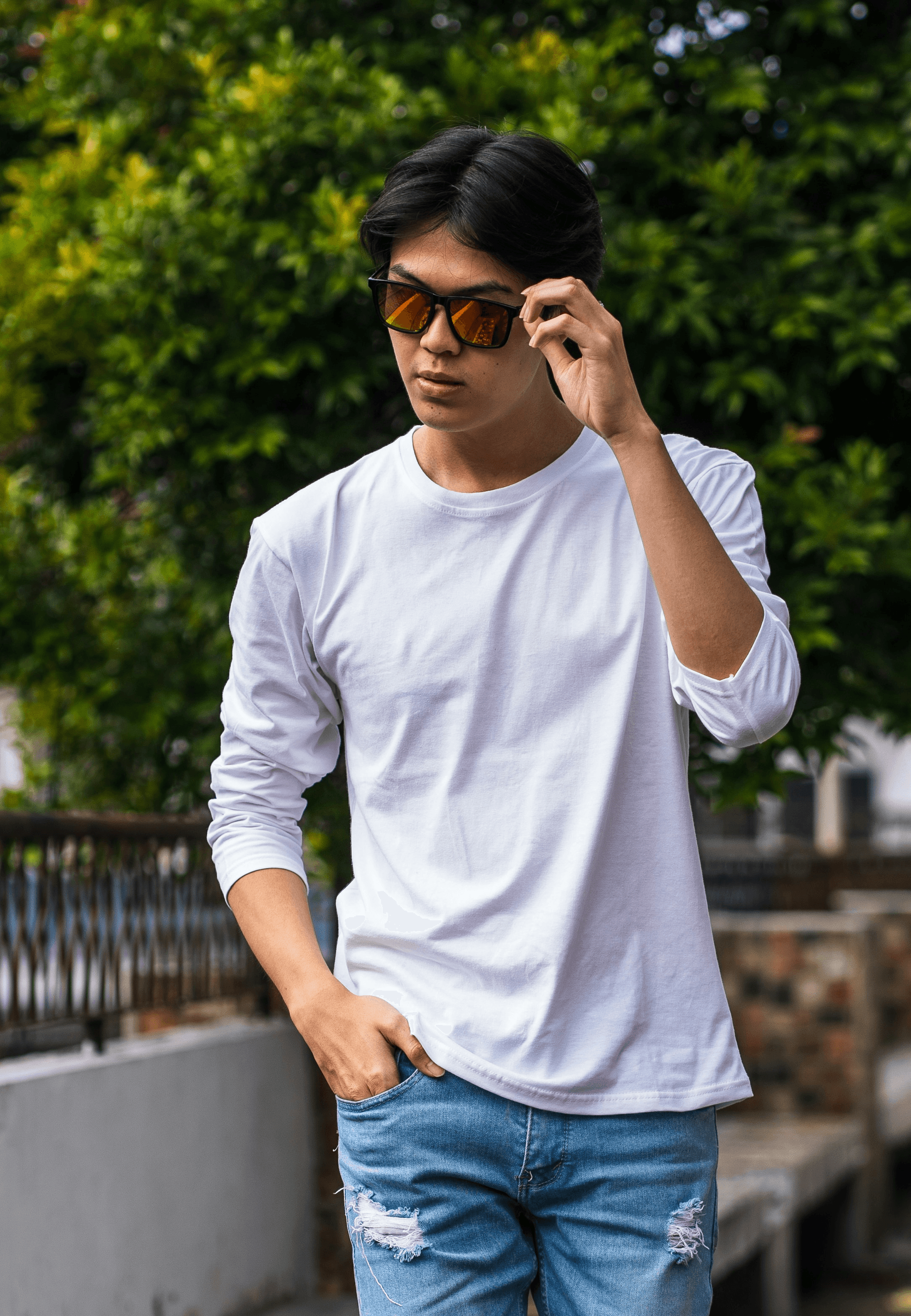 Stylish bloc sunglasses worn by men outdoors