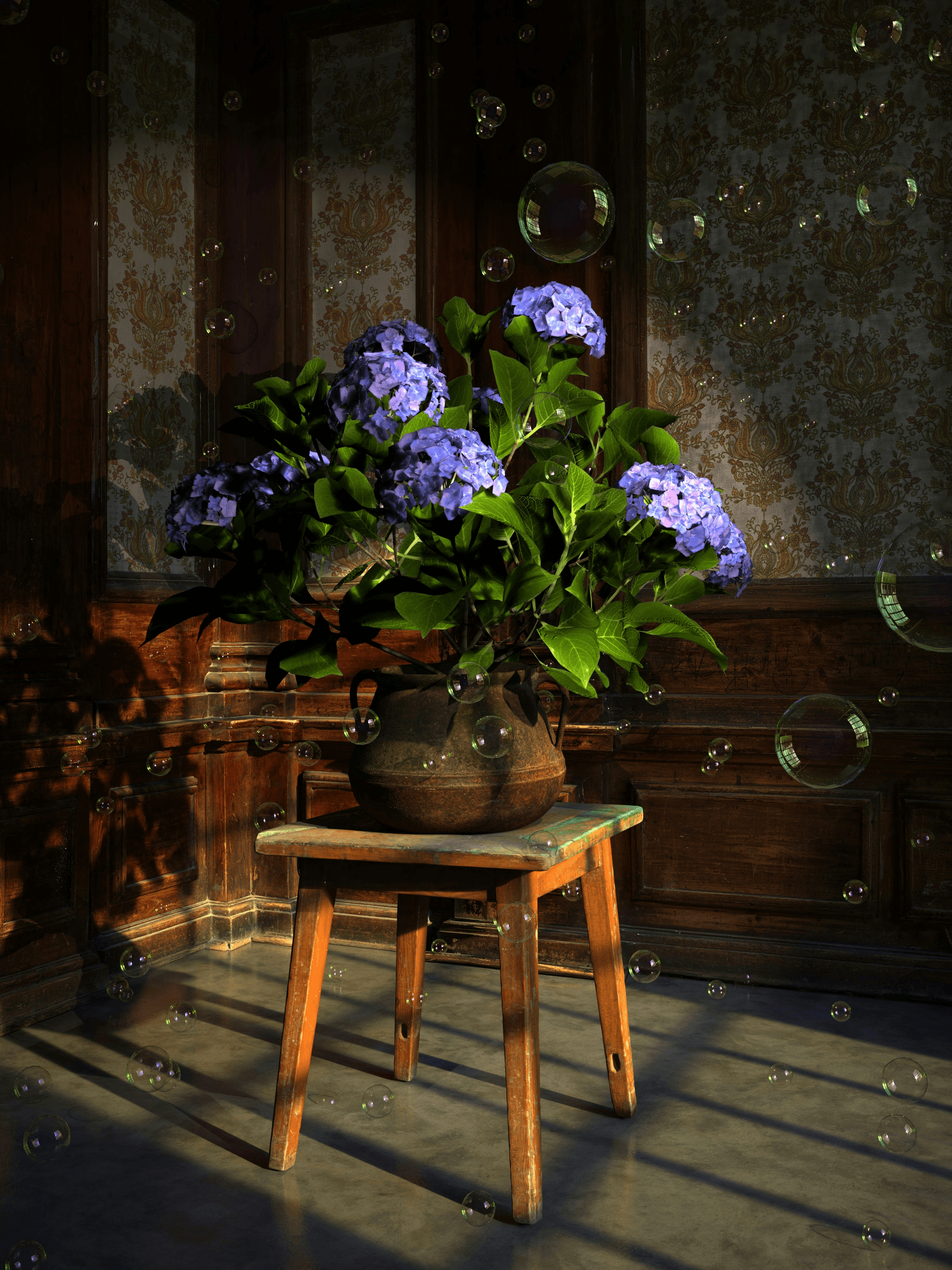 Stylish vintage vase filled with vibrant blue drying hydrangeas