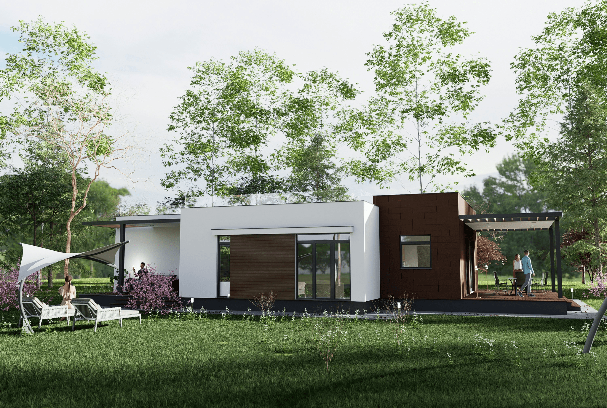 Biophilic design elements in modern capsule house surrounded by nature