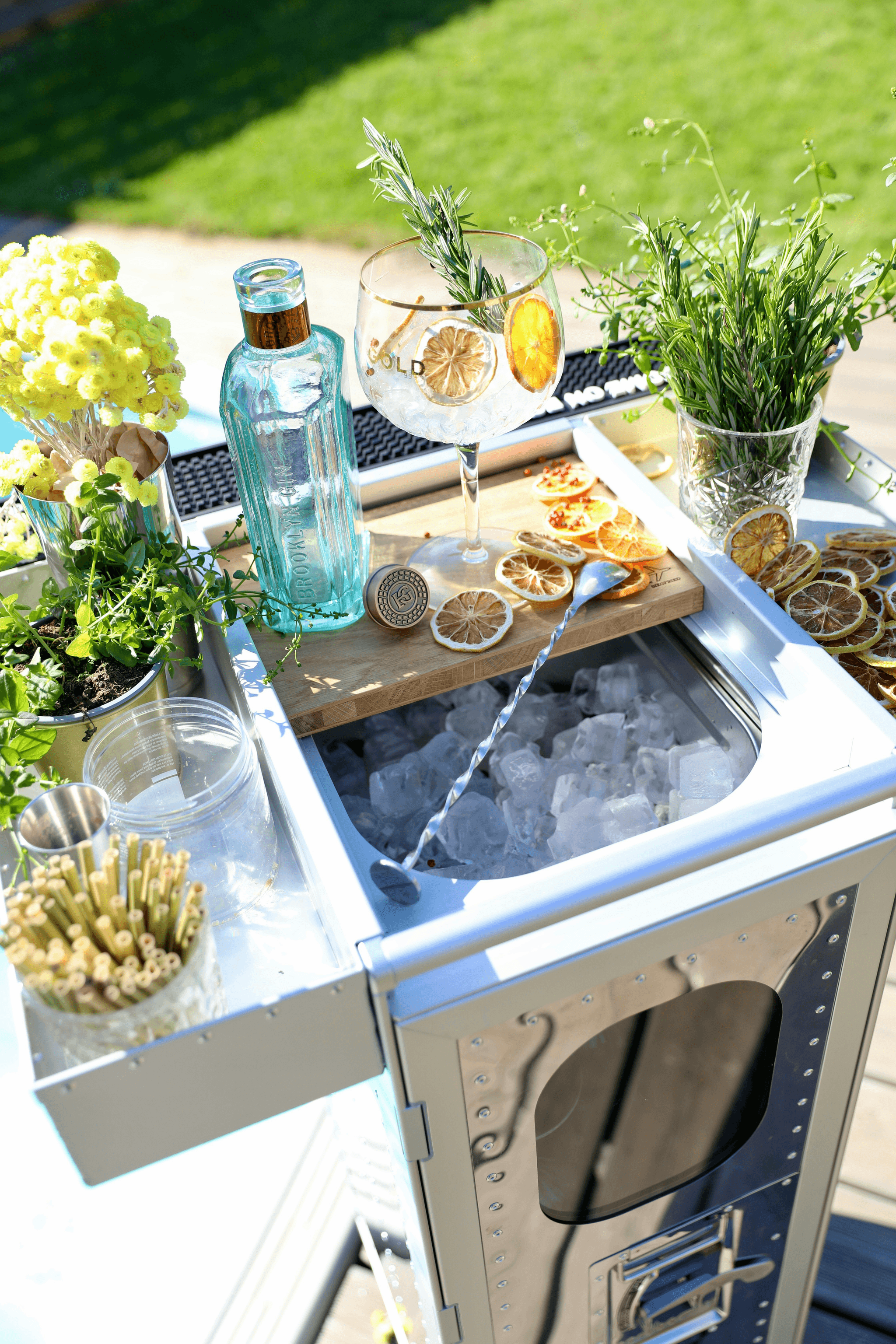 portable outdoor bar setup with trendy lighting