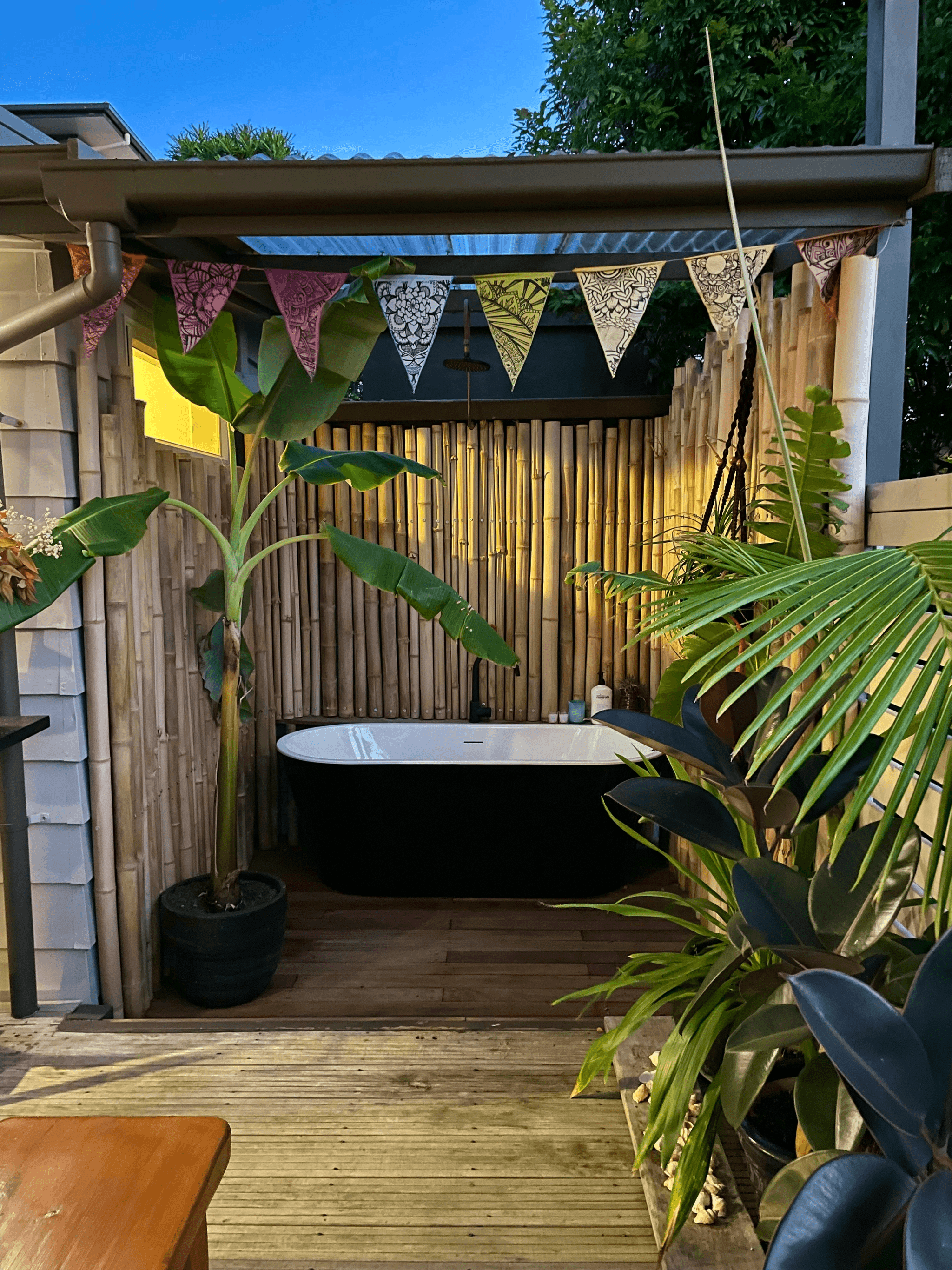 modern outdoor prefab bathroom with natural elements