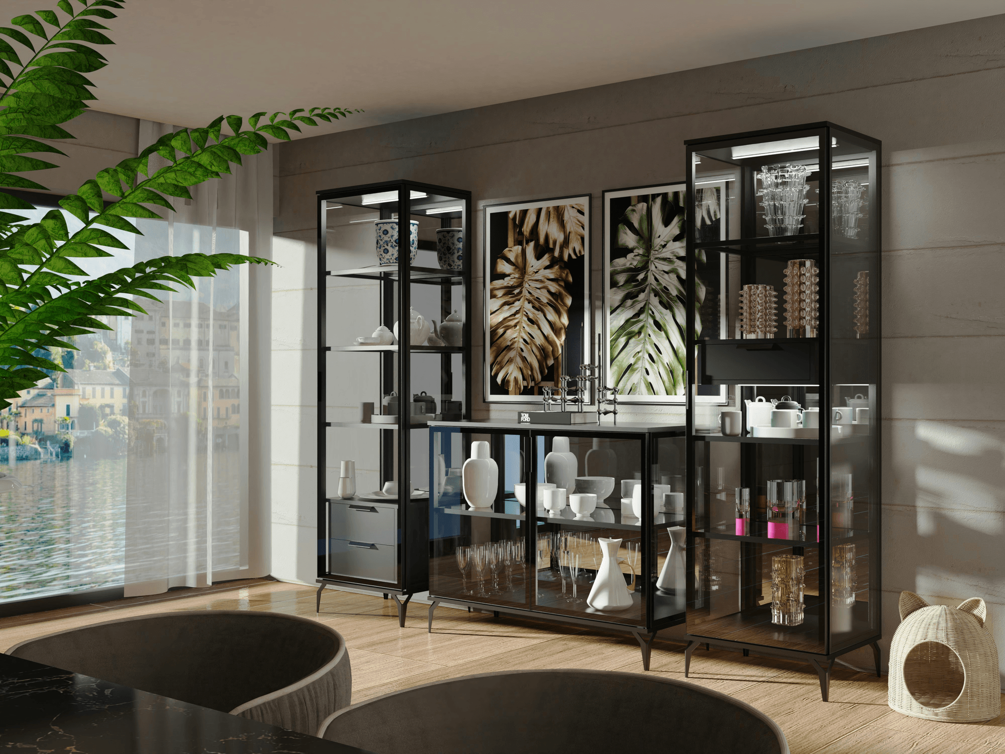 Antique Ming Dynasty cabinet in modern living room showcasing versatility of china furniture